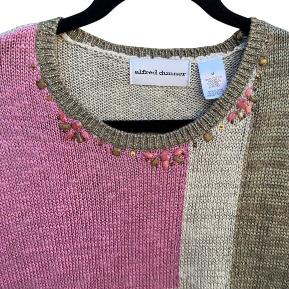 Alfred Dunner Vintage Womens Beaded Neckline Pink Tan Colorblock Knit Sweater M - Picture 6 of 9